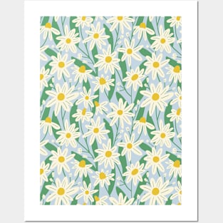 Wild daisy flower pattern in pale blue Posters and Art